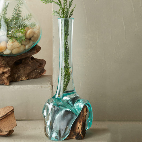 Teak and Blown Glass Tube Vase by Viva Terra